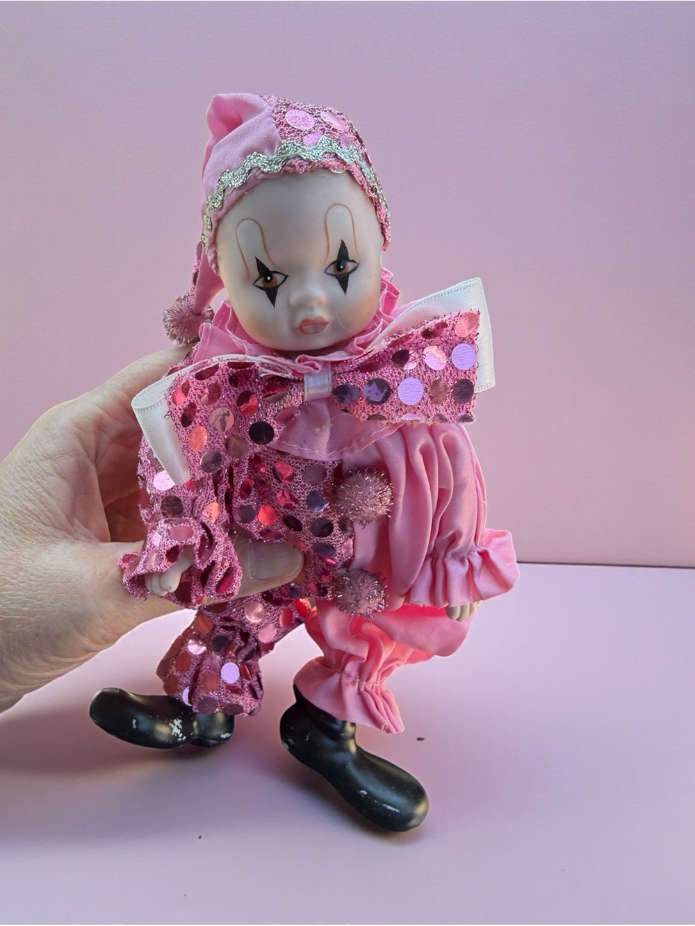 Porcelain Vintage Clown Doll 9" Sequin Outfit Doll